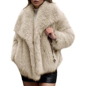 Womens Apricot Faux Fur Coat Fluffy Shaggy Long Sleeve Winter Warm Jacket